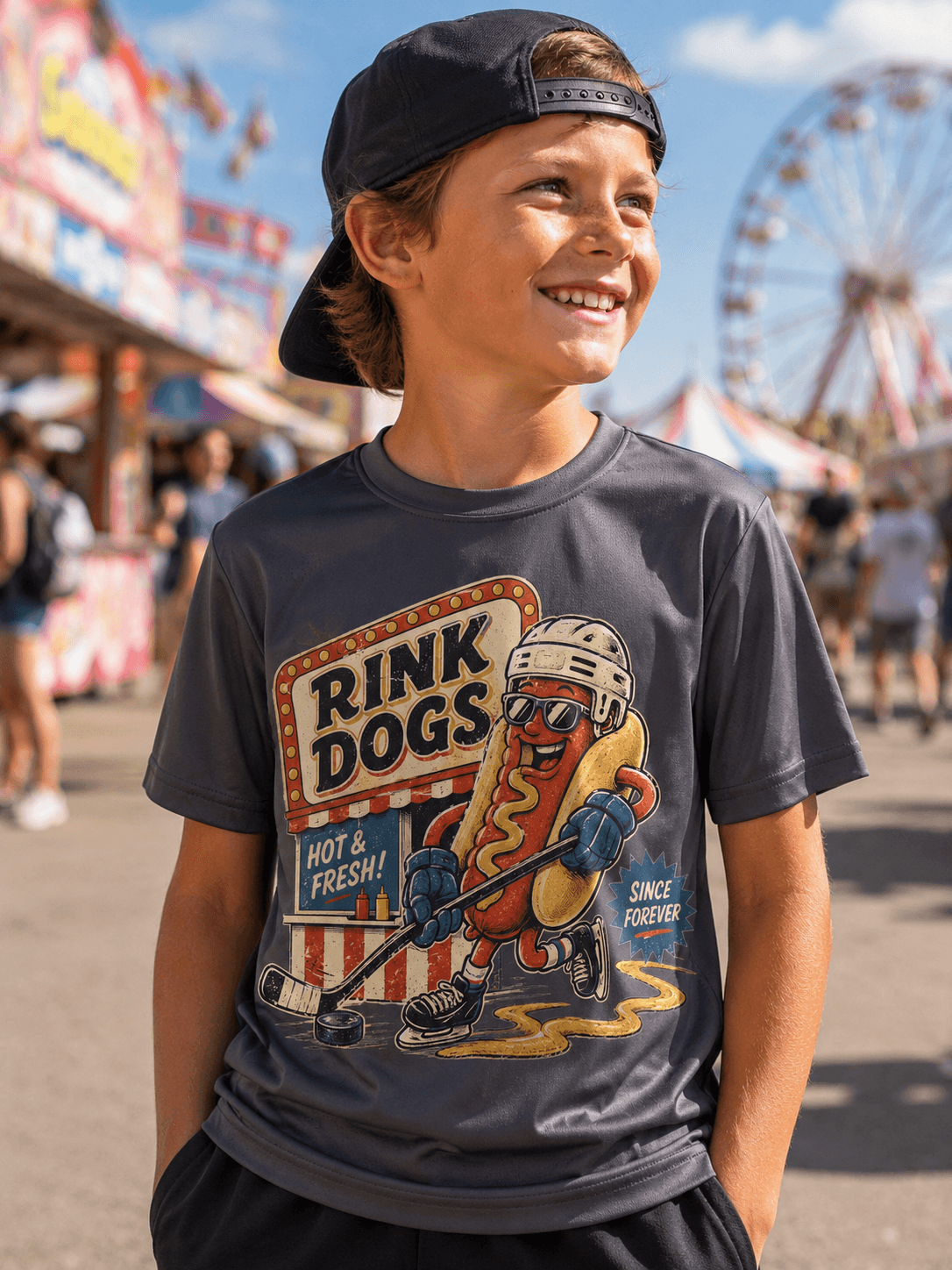 Kid wearing a Rink Dogs tee